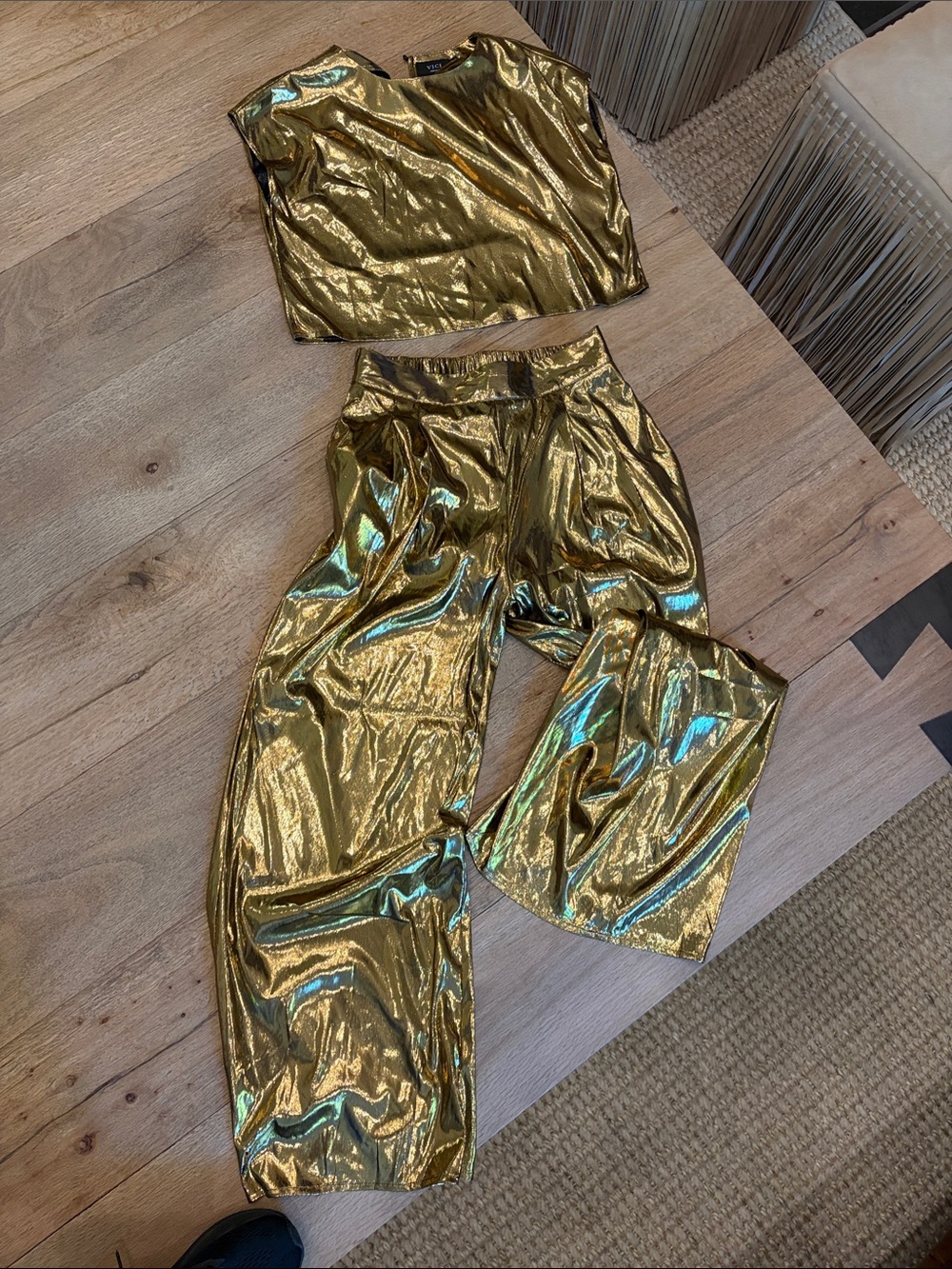 Vici Shimmery Gold Wide-Leg Metallic Pants and crop top blouse